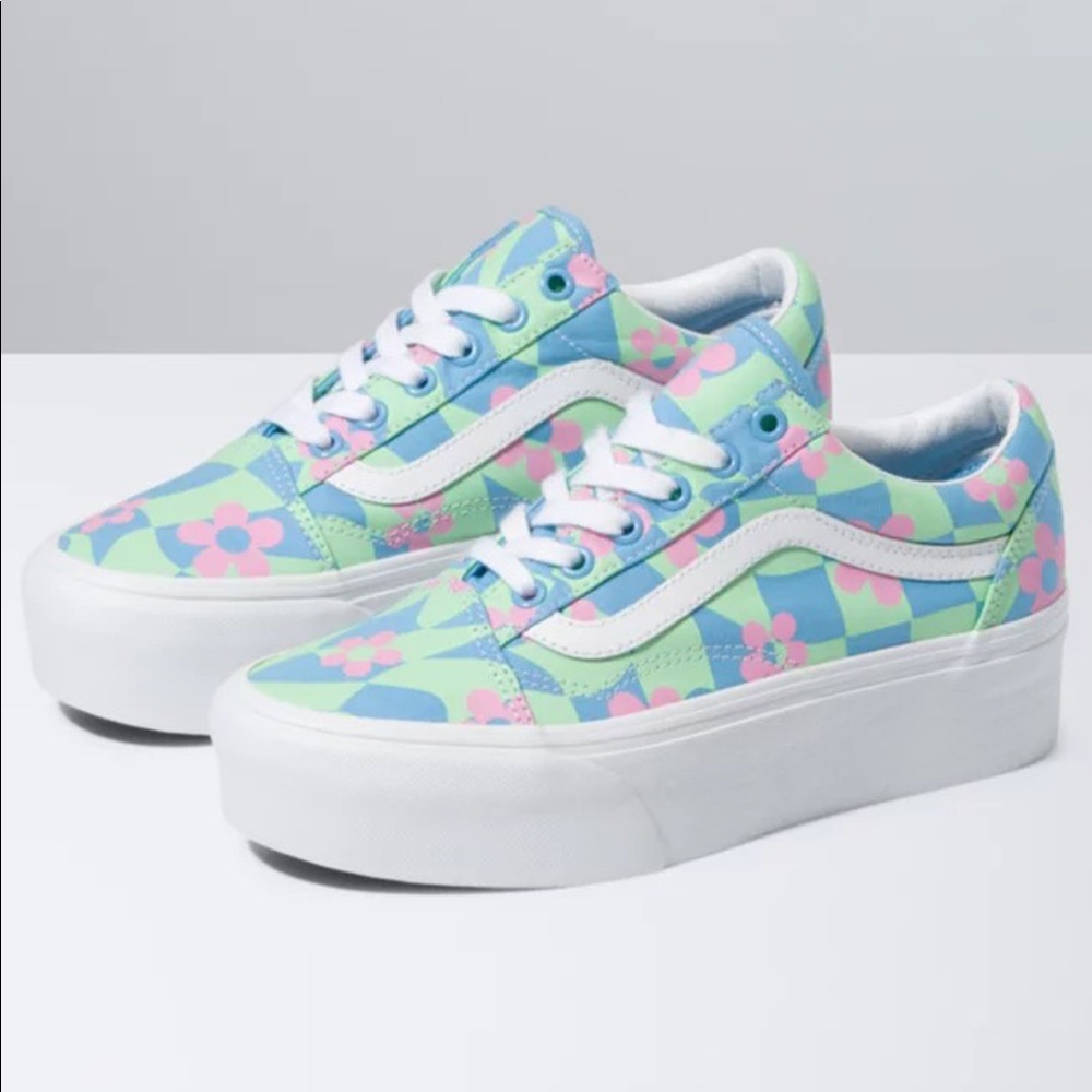 Vans | Old Skool Stacked Checkerboard Floral Blue Platform Shoes